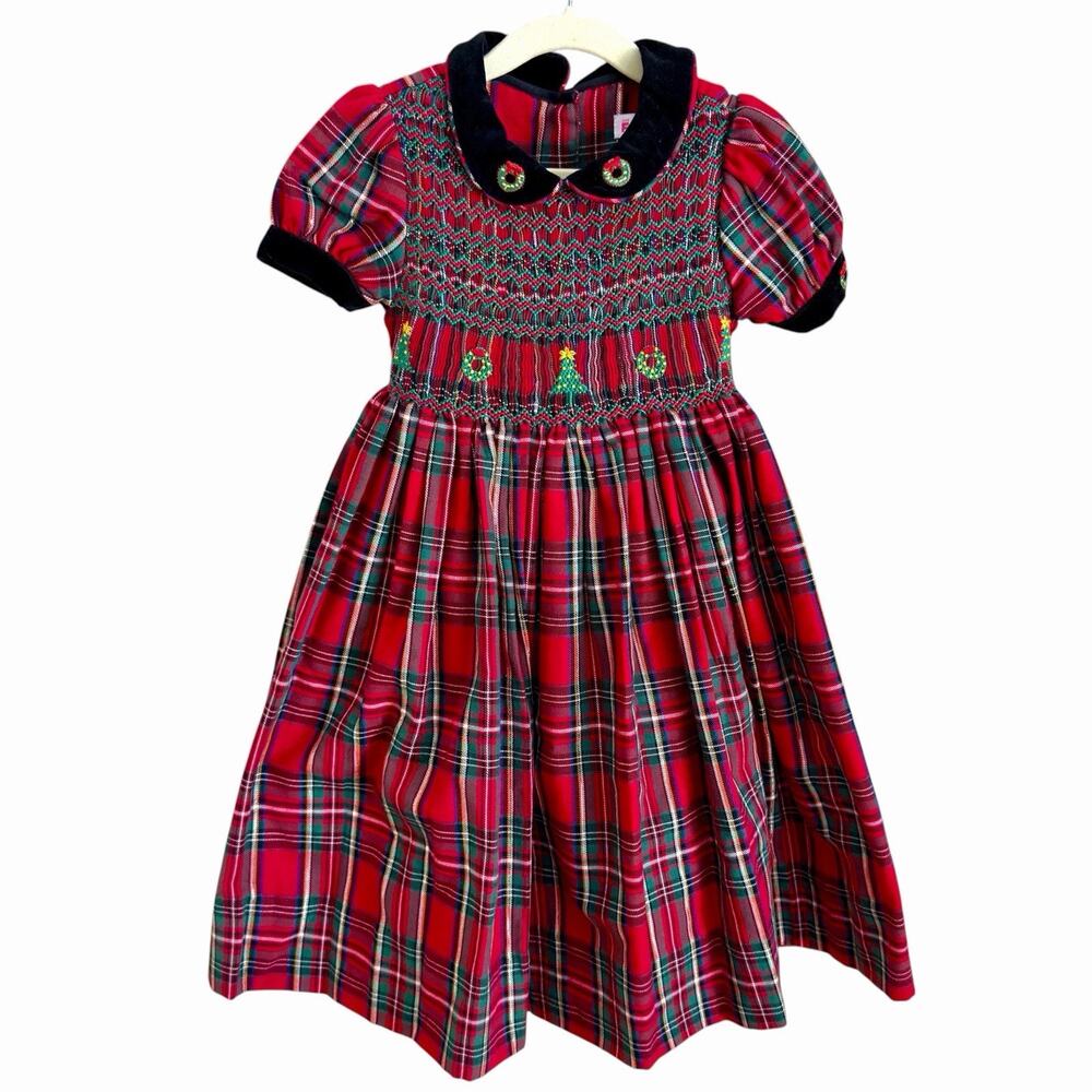 Vintage Girls Just Friends Hand Smocked Christmas Dress Red Plaid Velvet Trim 4T